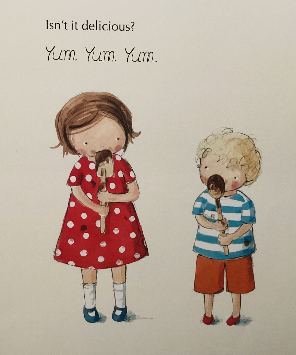 Illustration from Can We Lick the Spoon Now? — a girl in a red polka dot dress and a boy in a blue striped shirt licking chocolate off wooden spoons